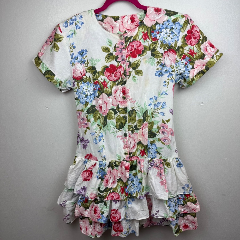 Vintage Oops California Floral Drop Waist Ruffle Dress White Pink Cotton Small